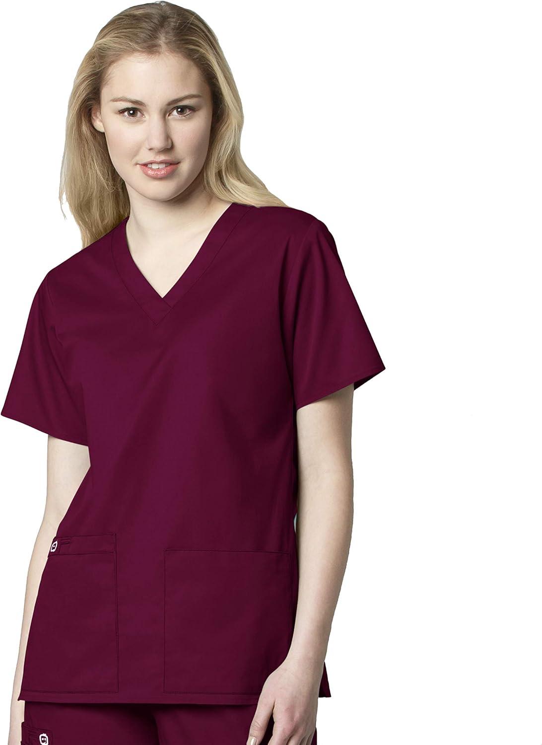 WonderWink WORK Women’s Scrubs V-Neck Chest Pocket Top & Pull On Cargo Pant Set + Badge Reel(Wine)