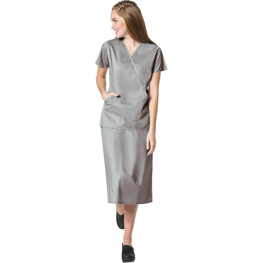 WonderWink Work Women’s Wrap Top & Scrub Skirt Set + Badge Reel(Grey)