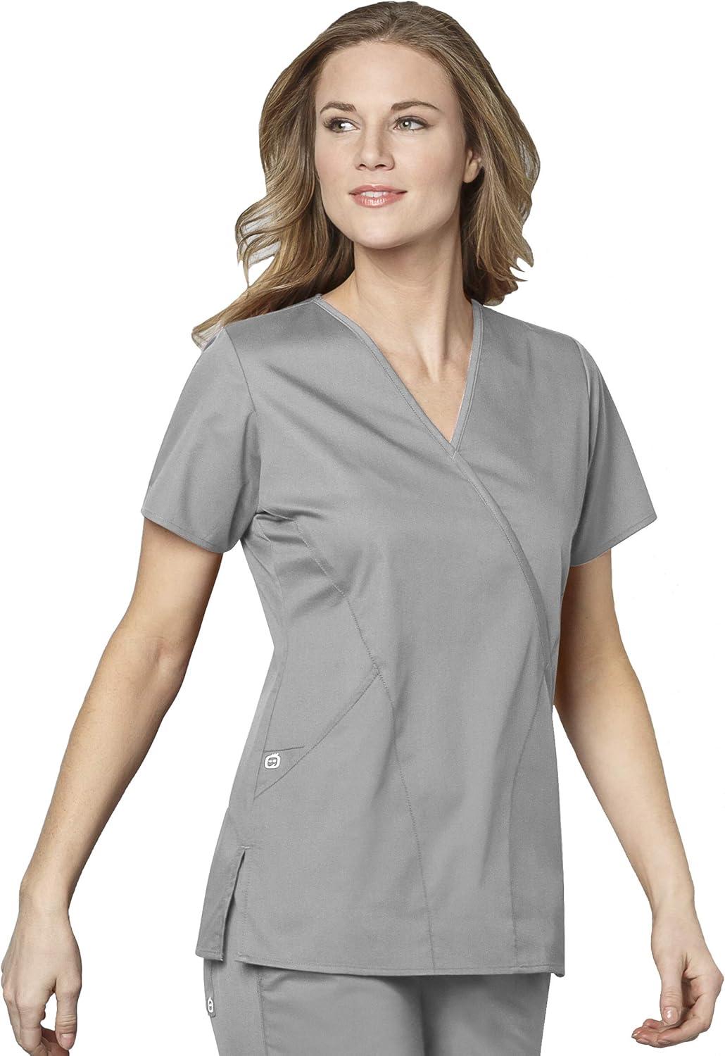 WonderWink Work Women’s Wrap Top & Scrub Skirt Set + Badge Reel(Grey)