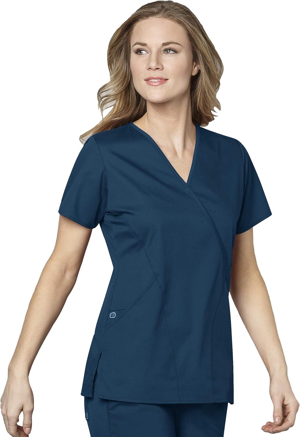 WonderWink Work Women’s Wrap Top & Scrub Skirt Set + Badge Reel(Caribbean)