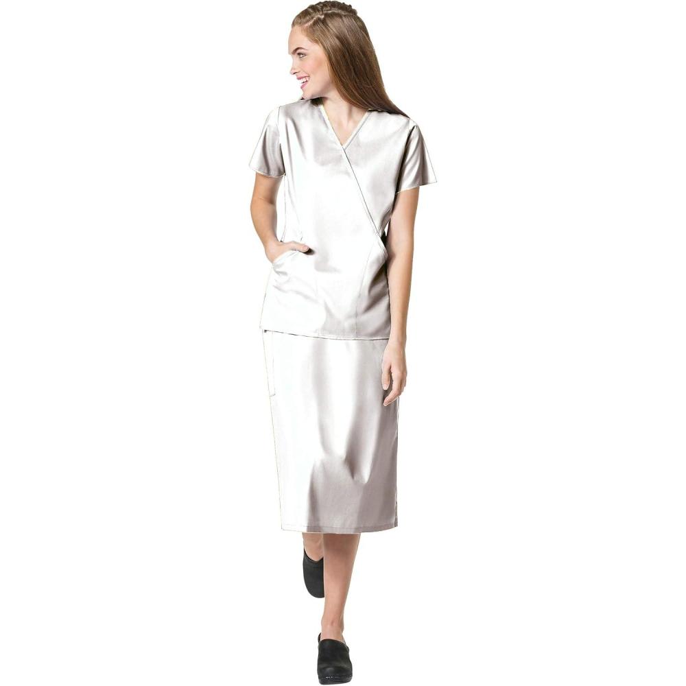 WonderWink Work Women’s Wrap Top & Scrub Skirt Set + Badge Reel(White)