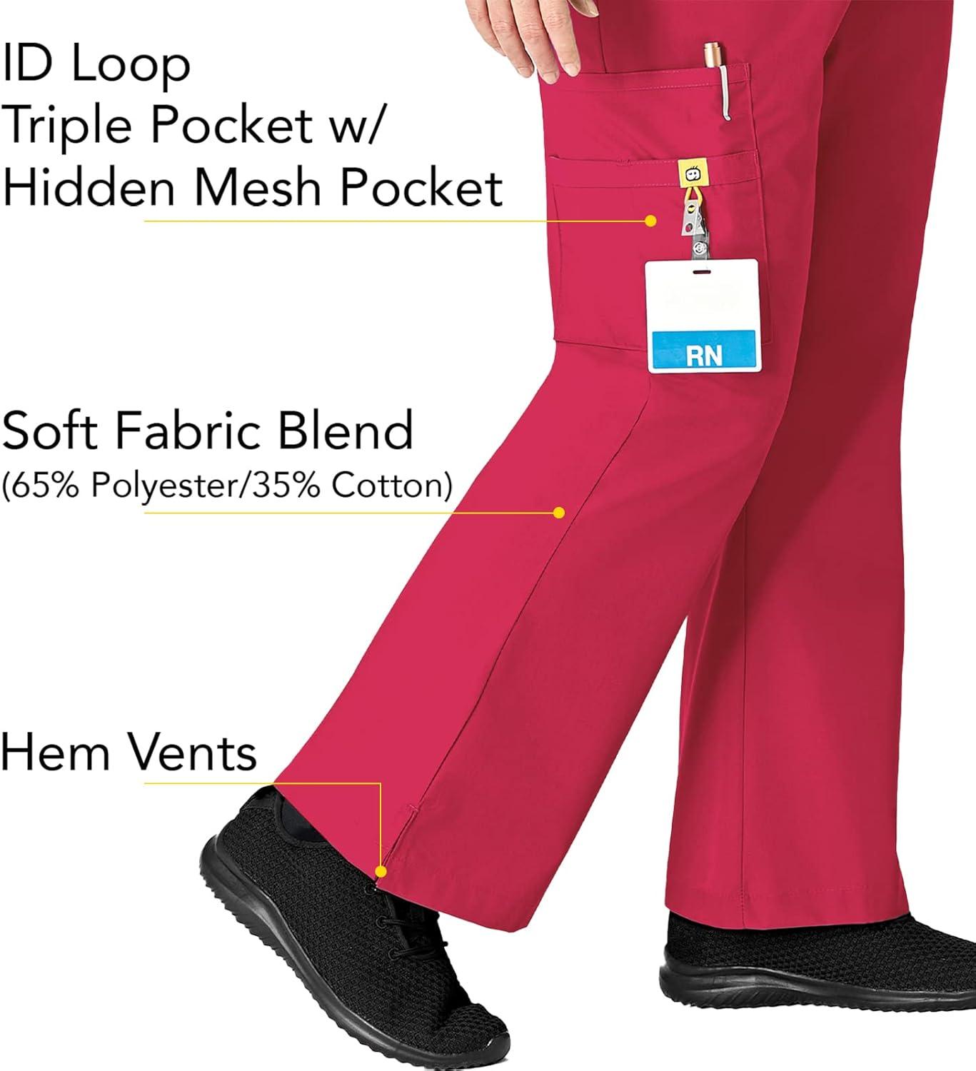 WonderWink Women’s Scrubs Romeo Six-Pocket Flare Leg Pant – XS-5XL, 6 Pockets, Elastic Waistband with Convertible Drawstring(Red)