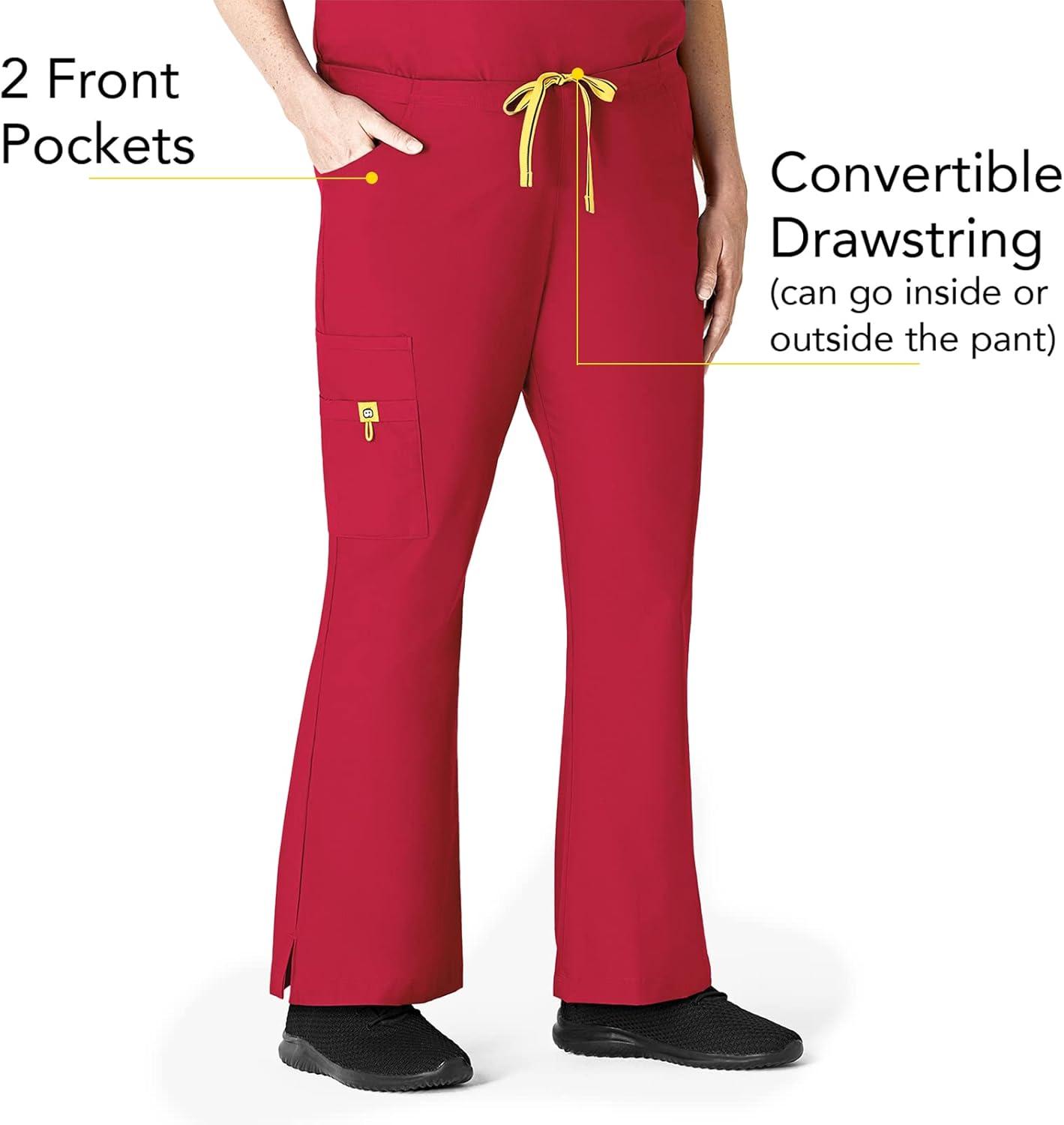 WonderWink Women’s Scrubs Romeo Six-Pocket Flare Leg Pant – XS-5XL, 6 Pockets, Elastic Waistband with Convertible Drawstring(Red)