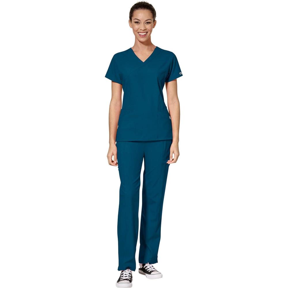 WonderWink W123 Women’s Mock Wrap Top & Flat Front Double Cargo Pant Scrub Set + Badge Reel(Caribbean)