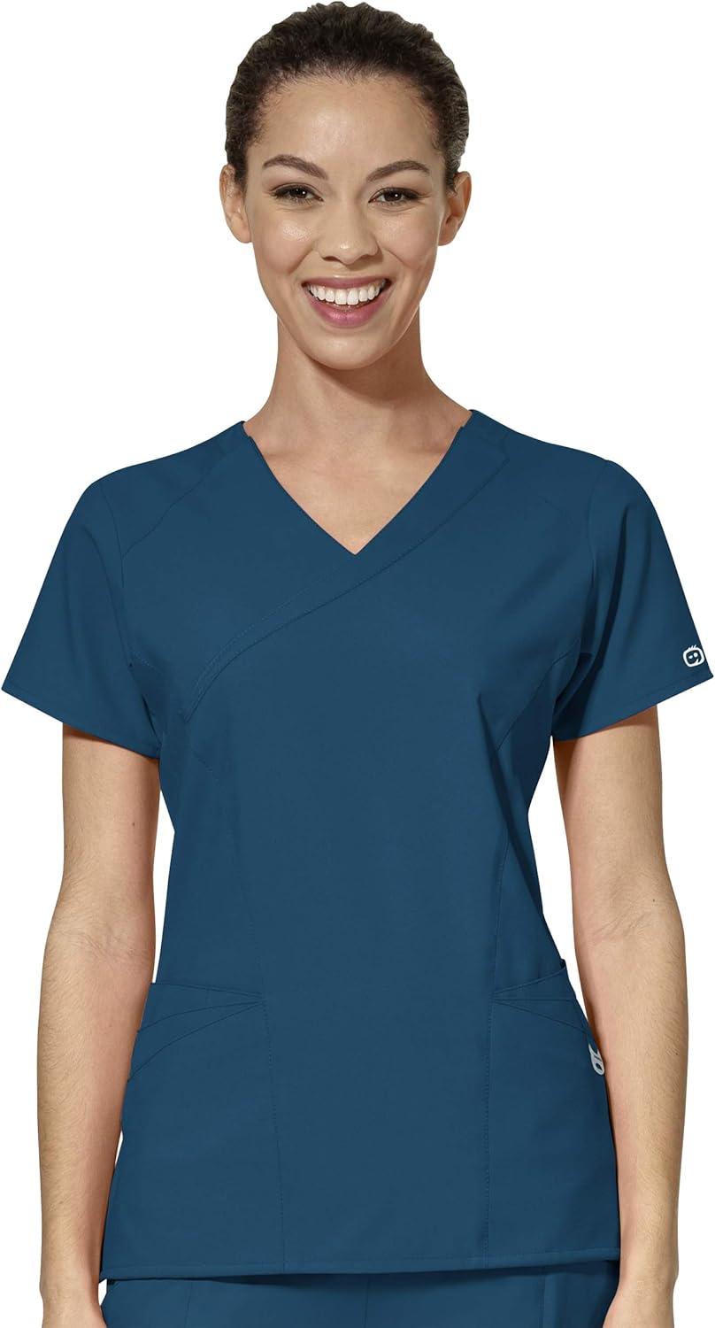 WonderWink W123 Women’s Mock Wrap Top & Flat Front Double Cargo Pant Scrub Set + Badge Reel(Caribbean)