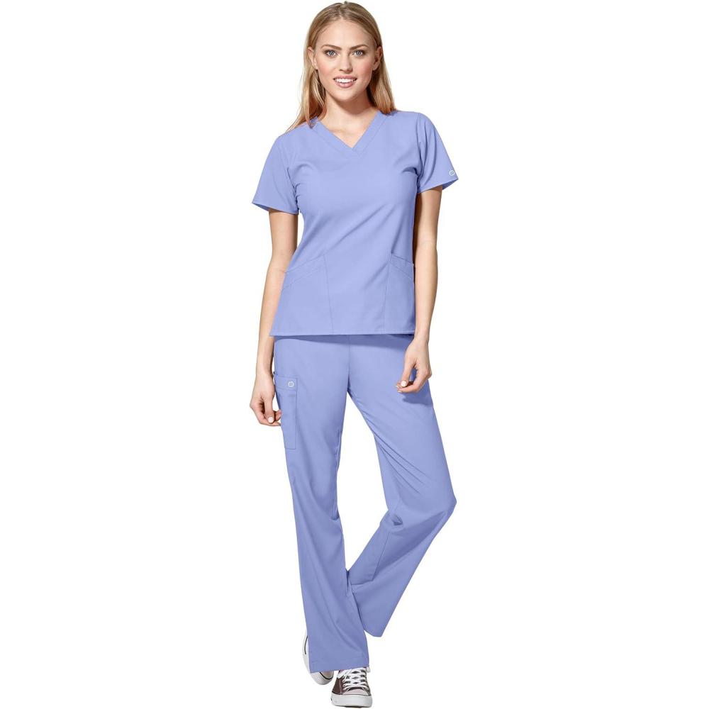 WonderWink W123 Women’s Basic V-Neck Top & Drawstring Pant Scrub Set + Badge Reel(Ceil Blue)