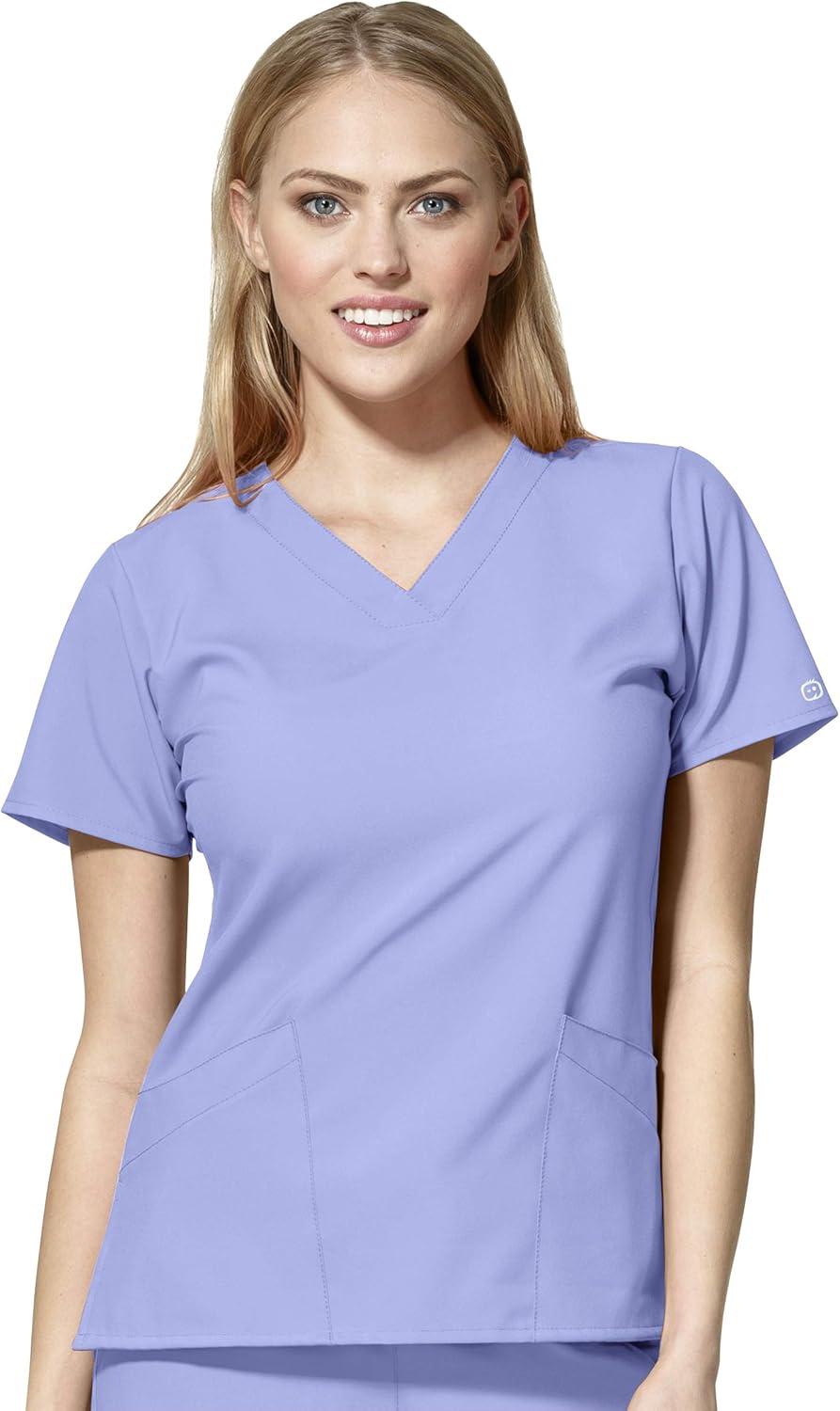 WonderWink W123 Women’s Basic V-Neck Top & Drawstring Pant Scrub Set + Badge Reel(Ceil Blue)
