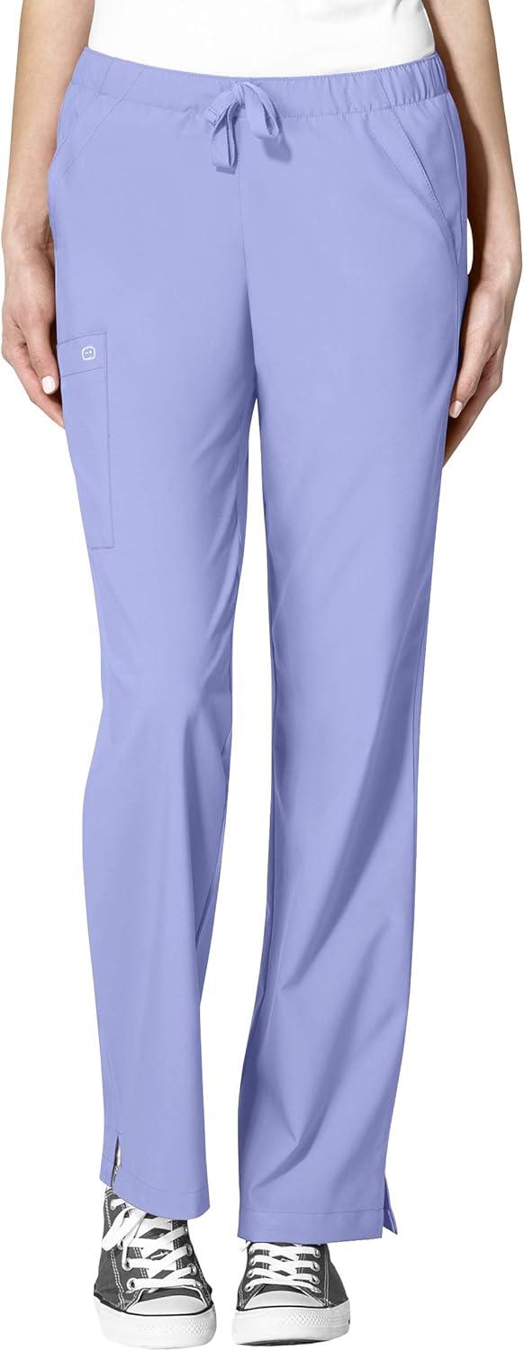 WonderWink W123 Women’s Basic V-Neck Top & Drawstring Pant Scrub Set + Badge Reel(Ceil Blue)