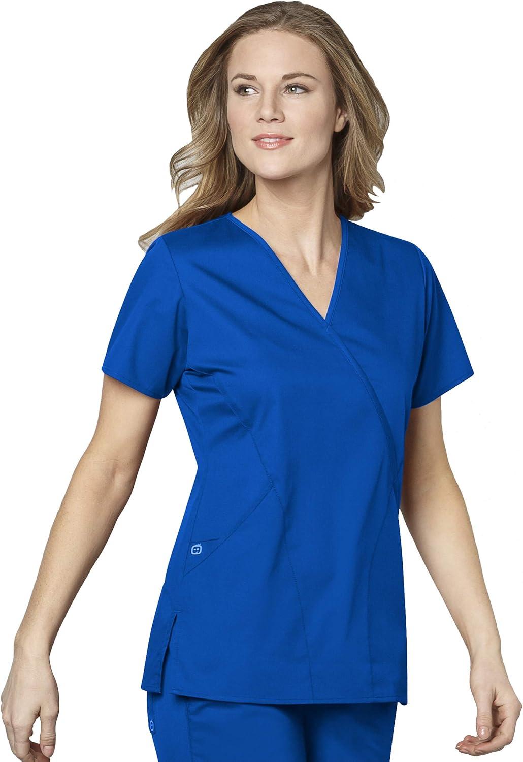 WonderWink Work Women’s Wrap Top & Scrub Skirt Set + Badge Reel(Royal)
