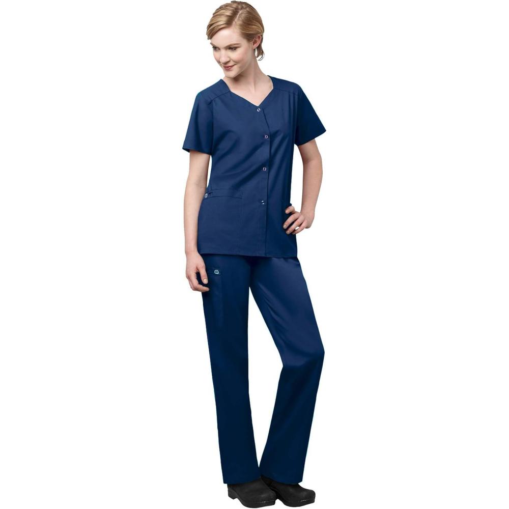 WonderWink WORK Women’s Scrub Short Sleeve Snap Front Jacekt Top and Pants + Badge Reel(Navy)