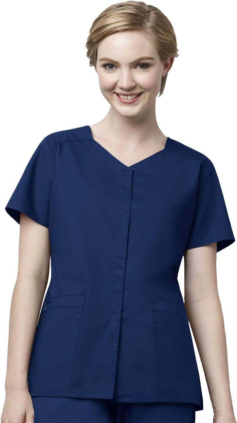 WonderWink WORK Women’s Scrub Short Sleeve Snap Front Jacekt Top and Pants + Badge Reel(Navy)