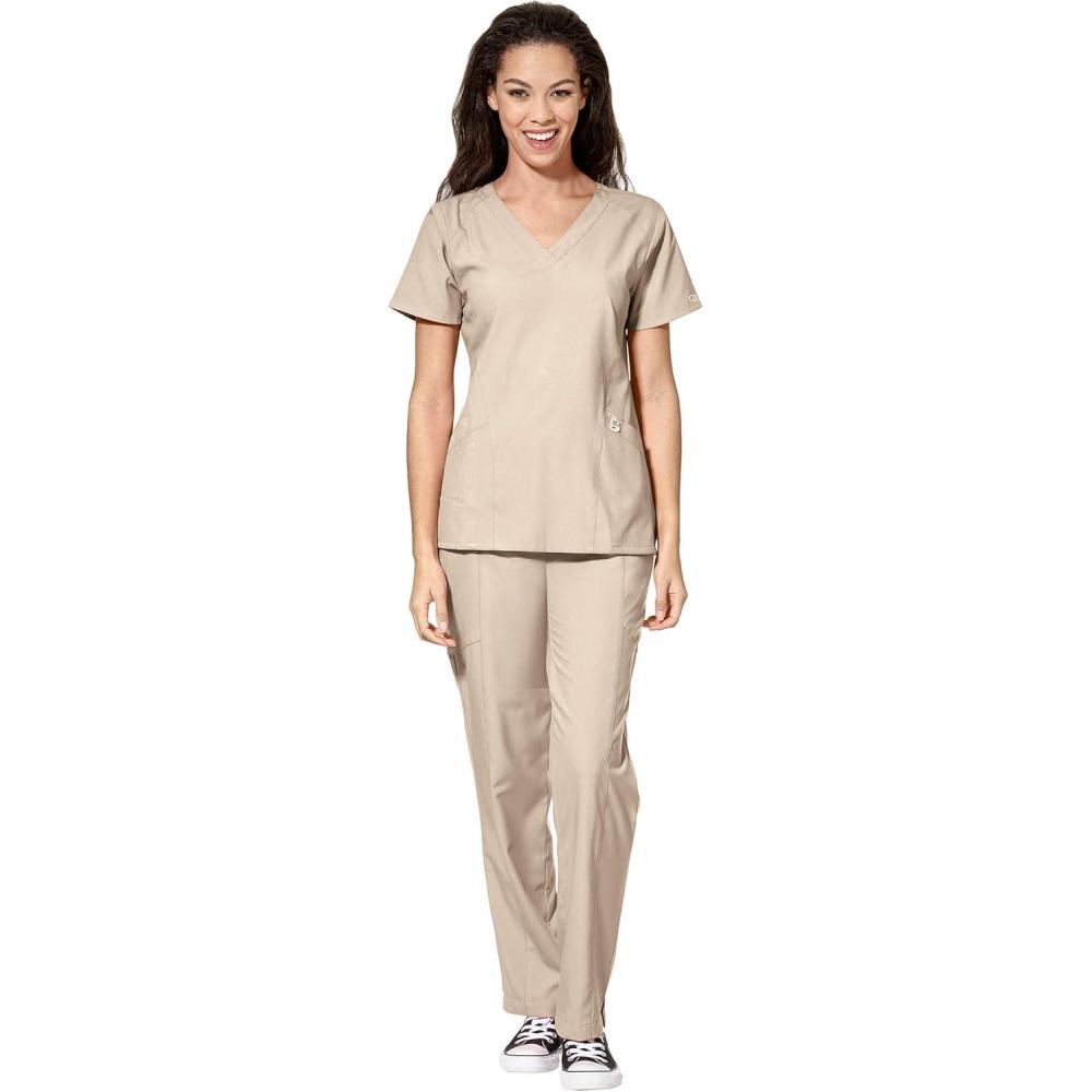WonderWink W123 Women’s Stylized V-neck Top & Flat Front Double Cargo Pant Scrub Set + Badge Reel(Khaki)