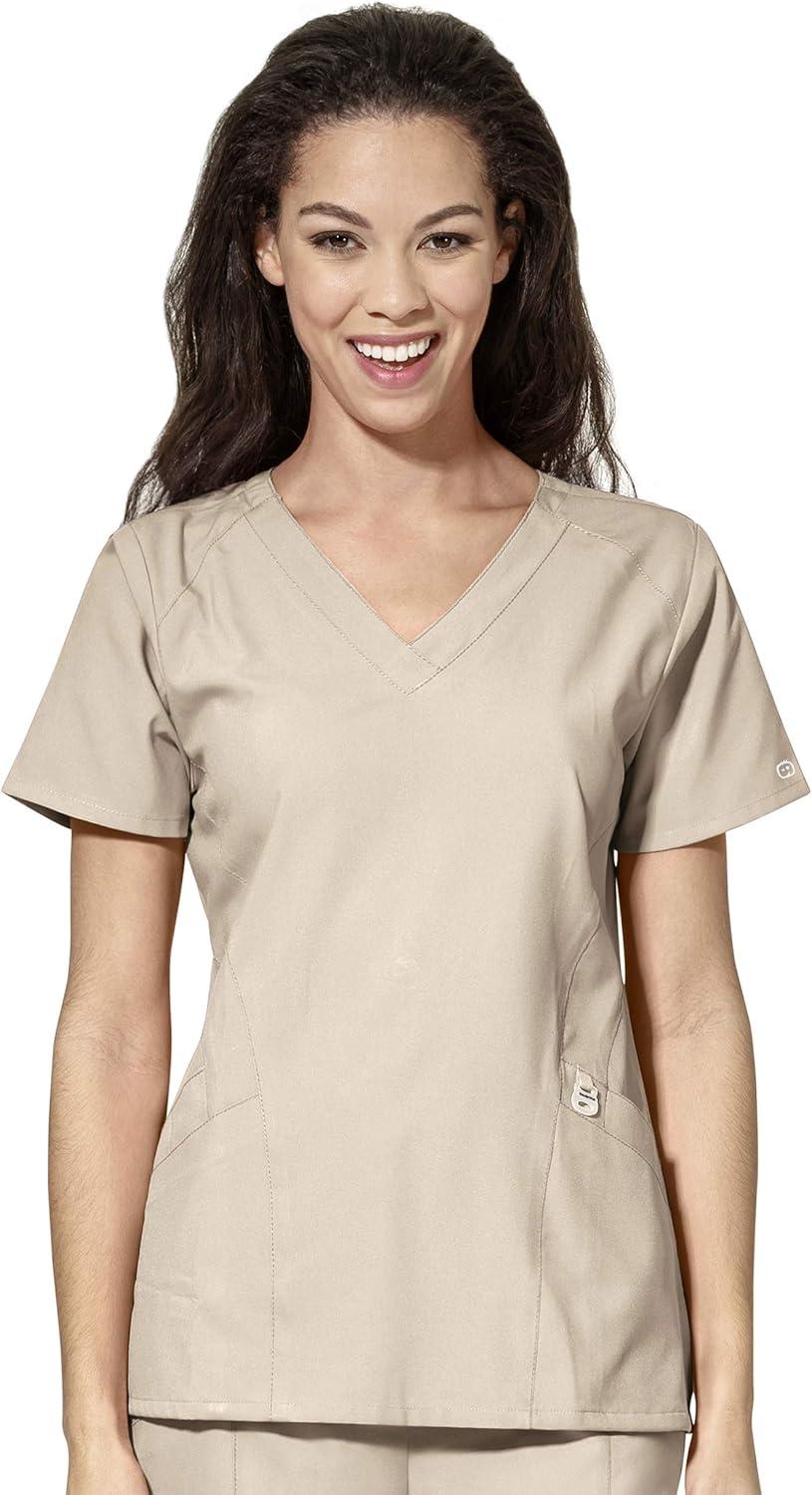 WonderWink W123 Women’s Stylized V-neck Top & Flat Front Double Cargo Pant Scrub Set + Badge Reel(Khaki)