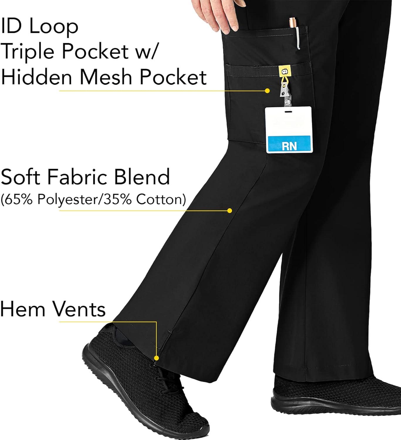 WonderWink Women’s Scrubs Romeo Six-Pocket Flare Leg Pant – XS-5XL, 6 Pockets, Elastic Waistband with Convertible Drawstring(Black)