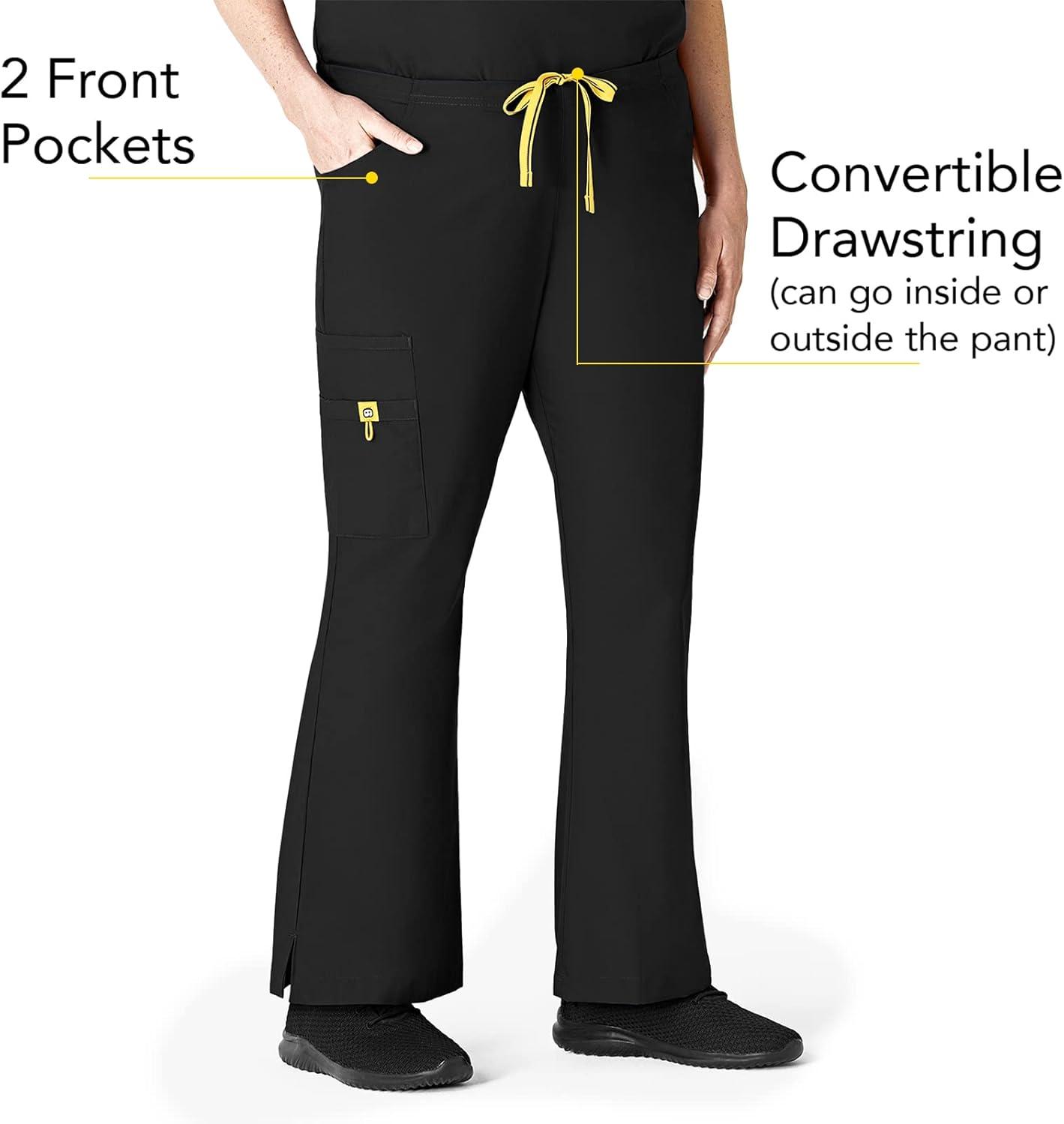 WonderWink Women’s Scrubs Romeo Six-Pocket Flare Leg Pant – XS-5XL, 6 Pockets, Elastic Waistband with Convertible Drawstring(Black)