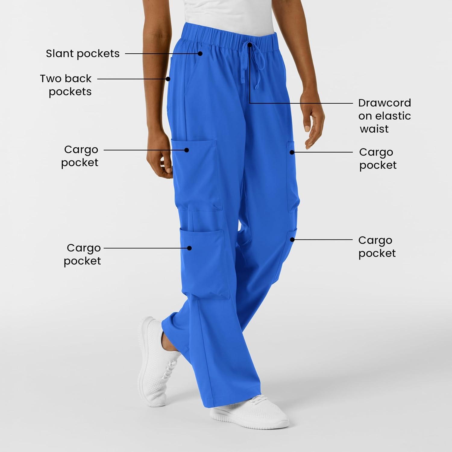 Wink Scrubs for Women, Boundless, Classic Wide Leg Cargo Pants with Full Drawstring and 8 Pockets(Royal)