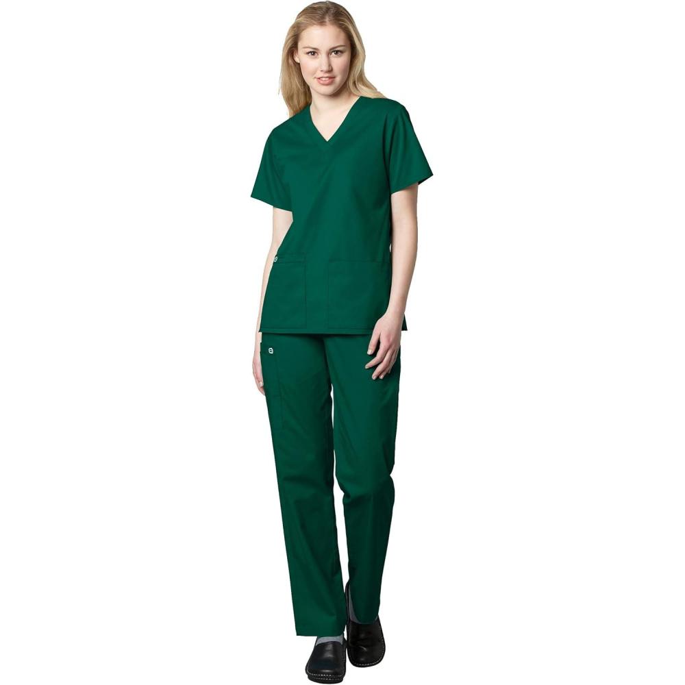 WonderWink WORK Women’s Scrubs V-Neck Chest Pocket Top & Pull On Cargo Pant Set + Badge Reel(Hunter)