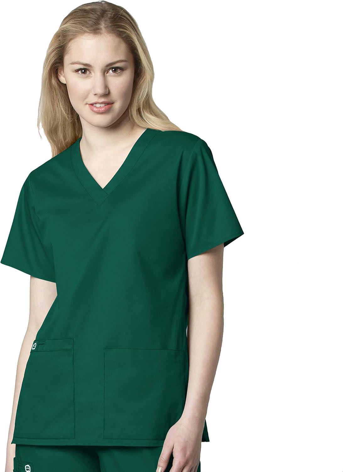 WonderWink WORK Women’s Scrubs V-Neck Chest Pocket Top & Pull On Cargo Pant Set + Badge Reel(Hunter)