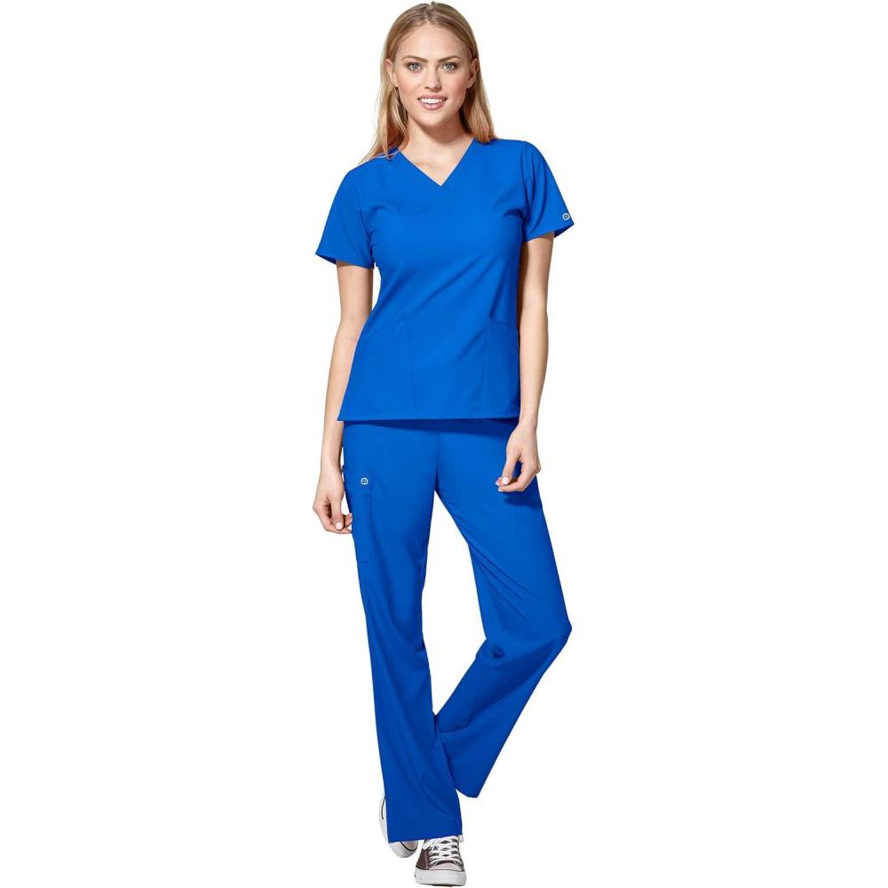 WonderWink W123 Women’s Basic V-Neck Top & Drawstring Pant Scrub Set + Badge Reel(Royal)