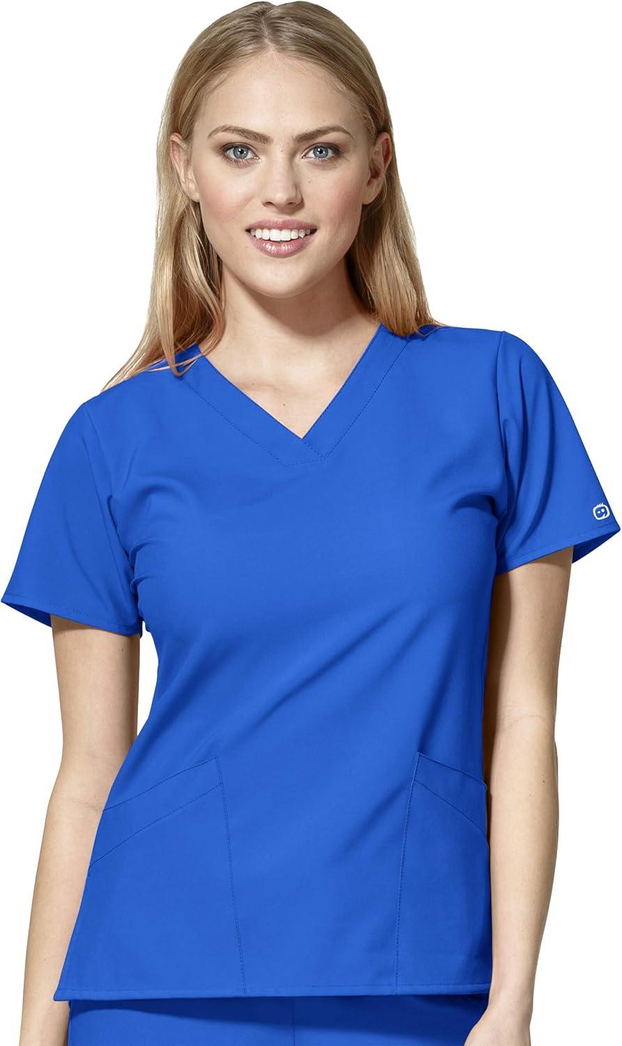 WonderWink W123 Women’s Basic V-Neck Top & Drawstring Pant Scrub Set + Badge Reel(Royal)