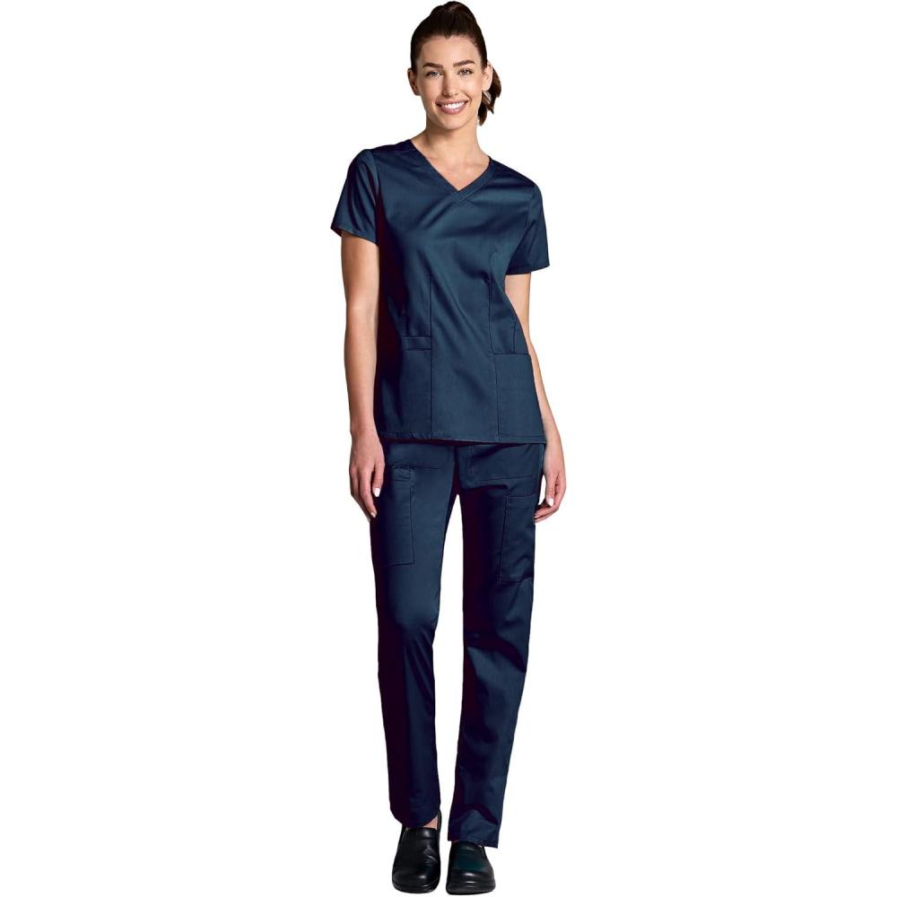 WonderWink WORK Women’s Shaped V-Neck Top & Women’s Convertible Slim Leg Cargo Pant Scrub Set + Badge Reel(Navy)
