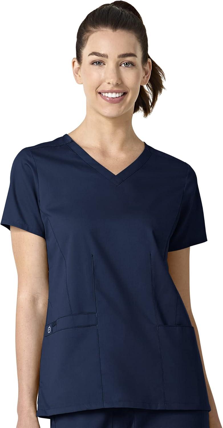 WonderWink WORK Women’s Shaped V-Neck Top & Women’s Convertible Slim Leg Cargo Pant Scrub Set + Badge Reel(Navy)