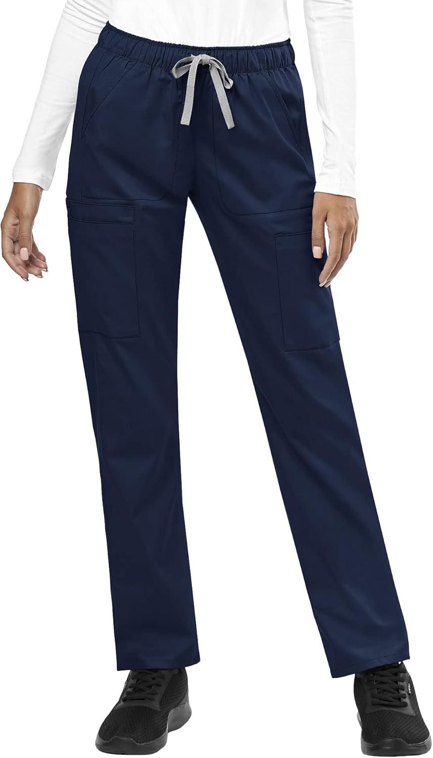 WonderWink WORK Women’s Shaped V-Neck Top & Women’s Convertible Slim Leg Cargo Pant Scrub Set + Badge Reel(Navy)