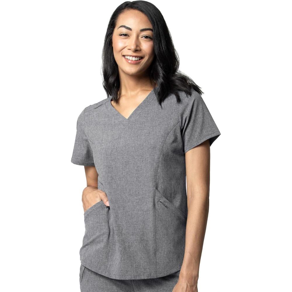 WonderWink RENEW Women’s V-Neck Top & Women’s High Waist Power Pant Scrub Set + Badge Reel(Grey Heather)