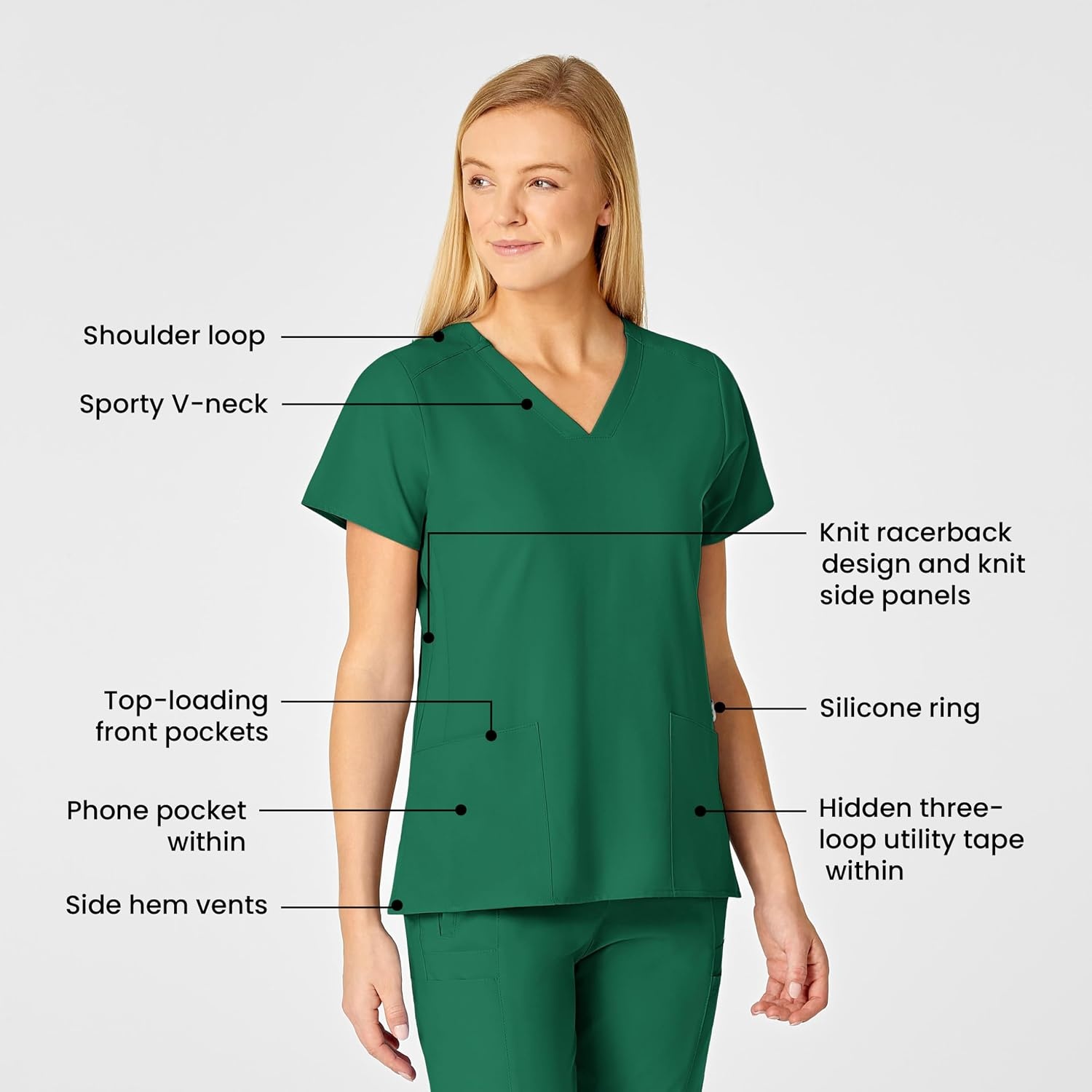 WINK Scrubs for Women, W123, Stylized V-Neck Tops with 5 Pockets(Hunter Green)