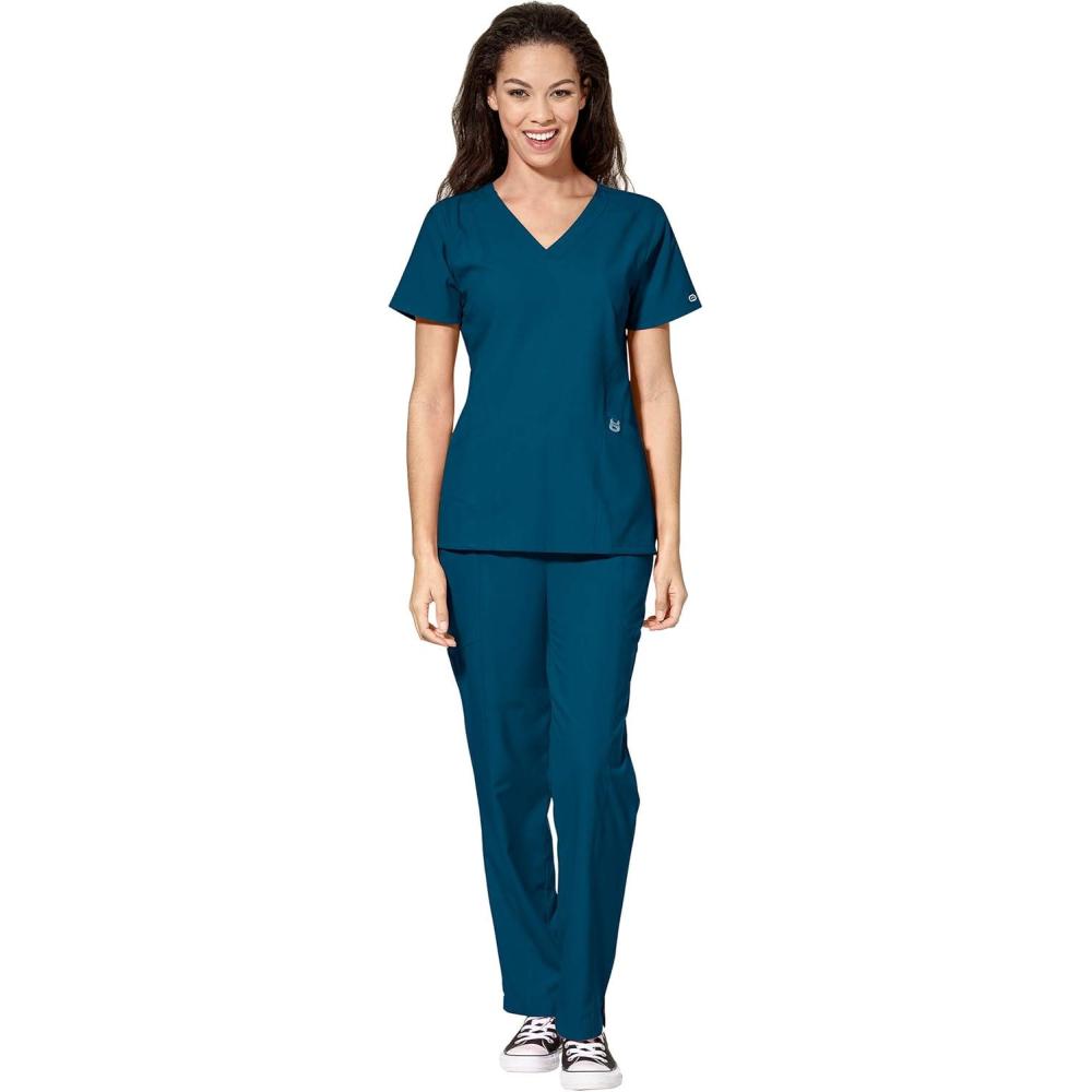 WonderWink W123 Women’s Stylized V-neck Top & Flat Front Double Cargo Pant Scrub Set + Badge Reel(Caribbean)