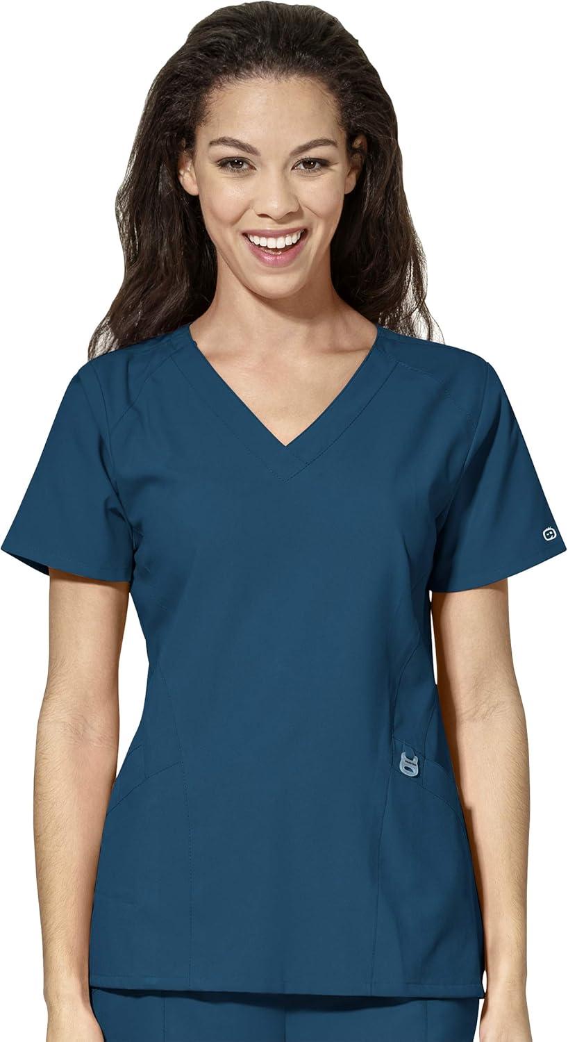 WonderWink W123 Women’s Stylized V-neck Top & Flat Front Double Cargo Pant Scrub Set + Badge Reel(Caribbean)
