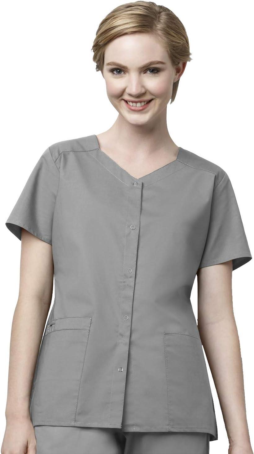 WonderWink WORK Women’s Scrub Short Sleeve Snap Front Jacekt Top and Pants + Badge Reel(Chocolate)