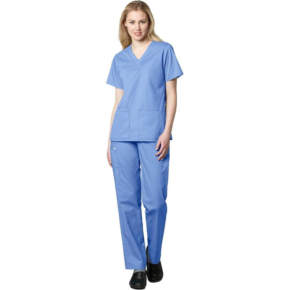 WonderWink WORK Women’s Scrubs V-Neck Chest Pocket Top & Pull On Cargo Pant Set + Badge Reel(Ceil Blue)