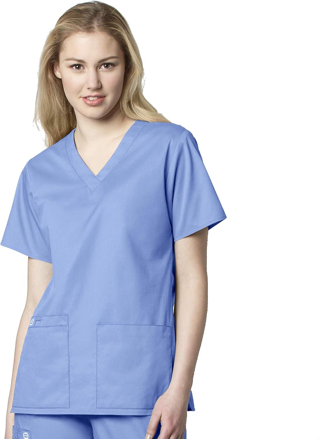 WonderWink WORK Women’s Scrubs V-Neck Chest Pocket Top & Pull On Cargo Pant Set + Badge Reel(Ceil Blue)