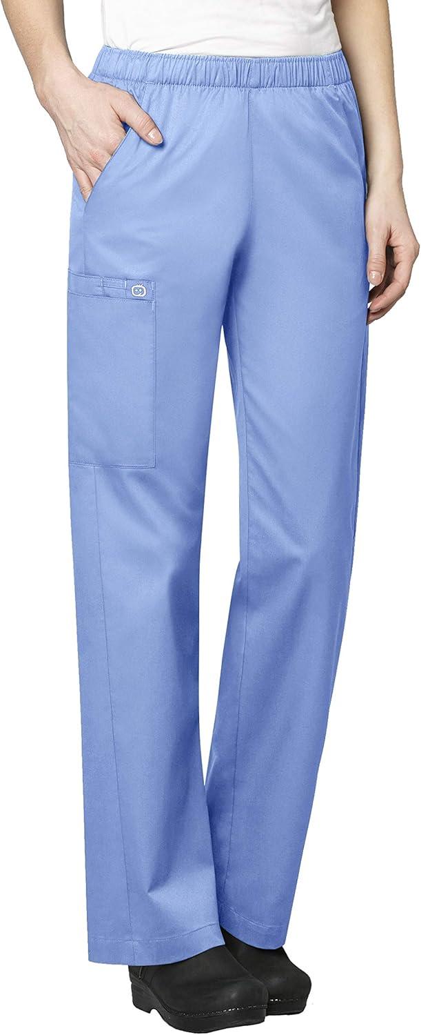 WonderWink WORK Women’s Scrubs V-Neck Chest Pocket Top & Pull On Cargo Pant Set + Badge Reel(Ceil Blue)