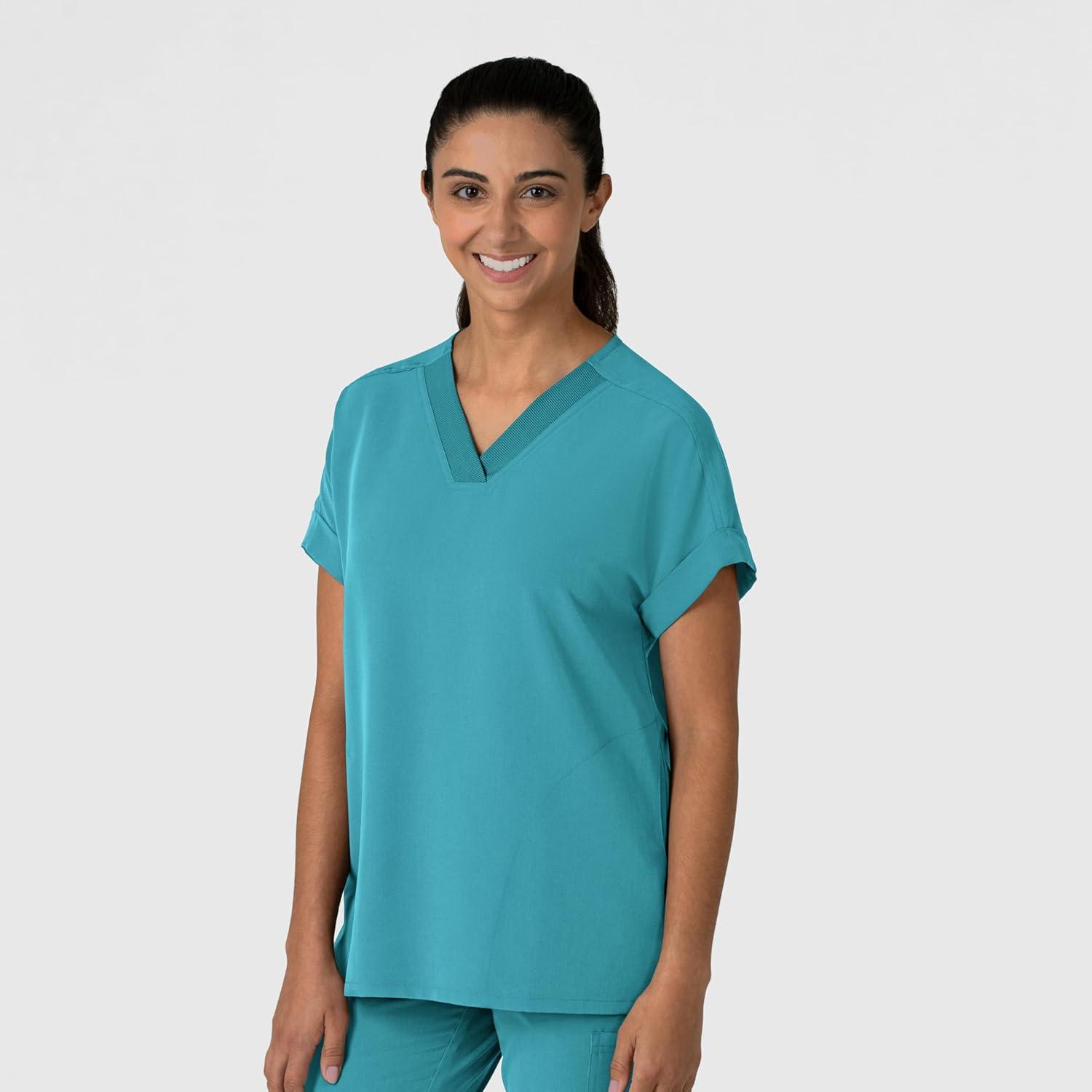 Wink Women’s Women’s Drop Shoulder Boxy Scrub Top(Teal Blue)