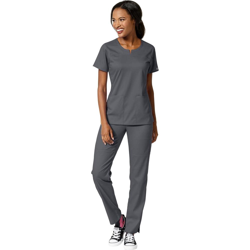 WonderWink PRO Women’s 4 Pocket Notch Neck Top & Knit Waist Cargo Pant Scrub Set + Badge Reel(Pewter)