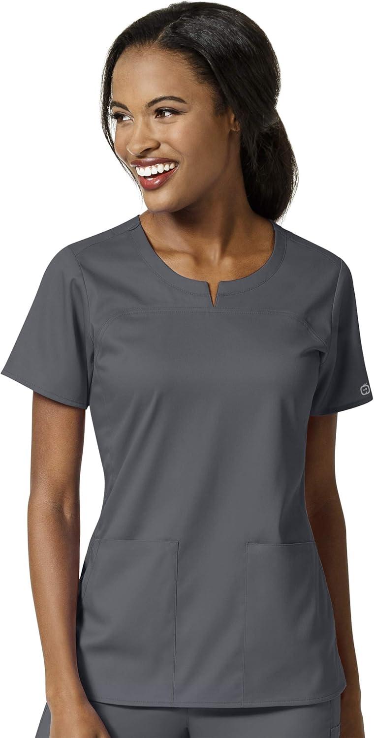 WonderWink PRO Women’s 4 Pocket Notch Neck Top & Knit Waist Cargo Pant Scrub Set + Badge Reel(Pewter)