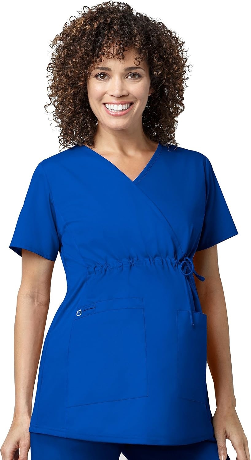 Wink WonderWORK Maternity Mock Wrap Scrub Top, Royal, XS | Womens Scrub Top Royal V-Neck 4 Pockets Size XS 65% Polyester/35% Cotton