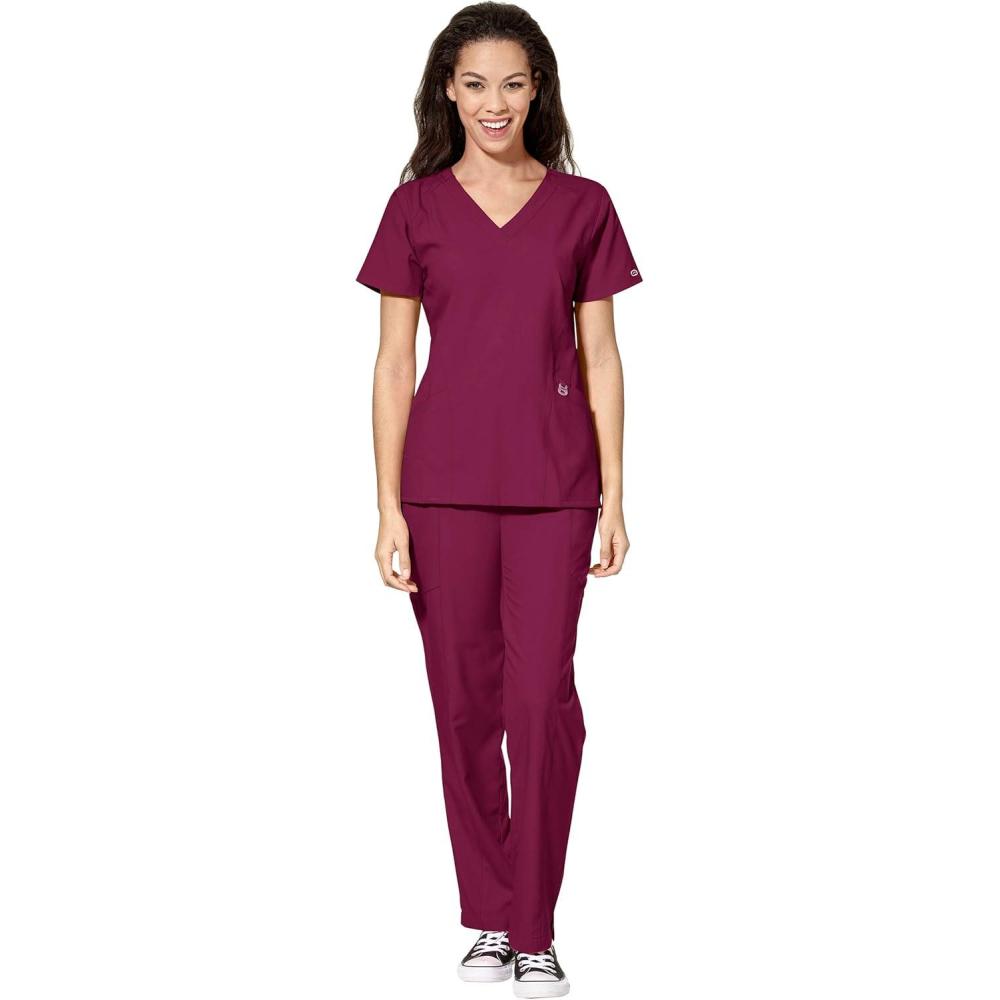 WonderWink W123 Women’s Stylized V-neck Top & Flat Front Double Cargo Pant Scrub Set + Badge Reel(Wine)