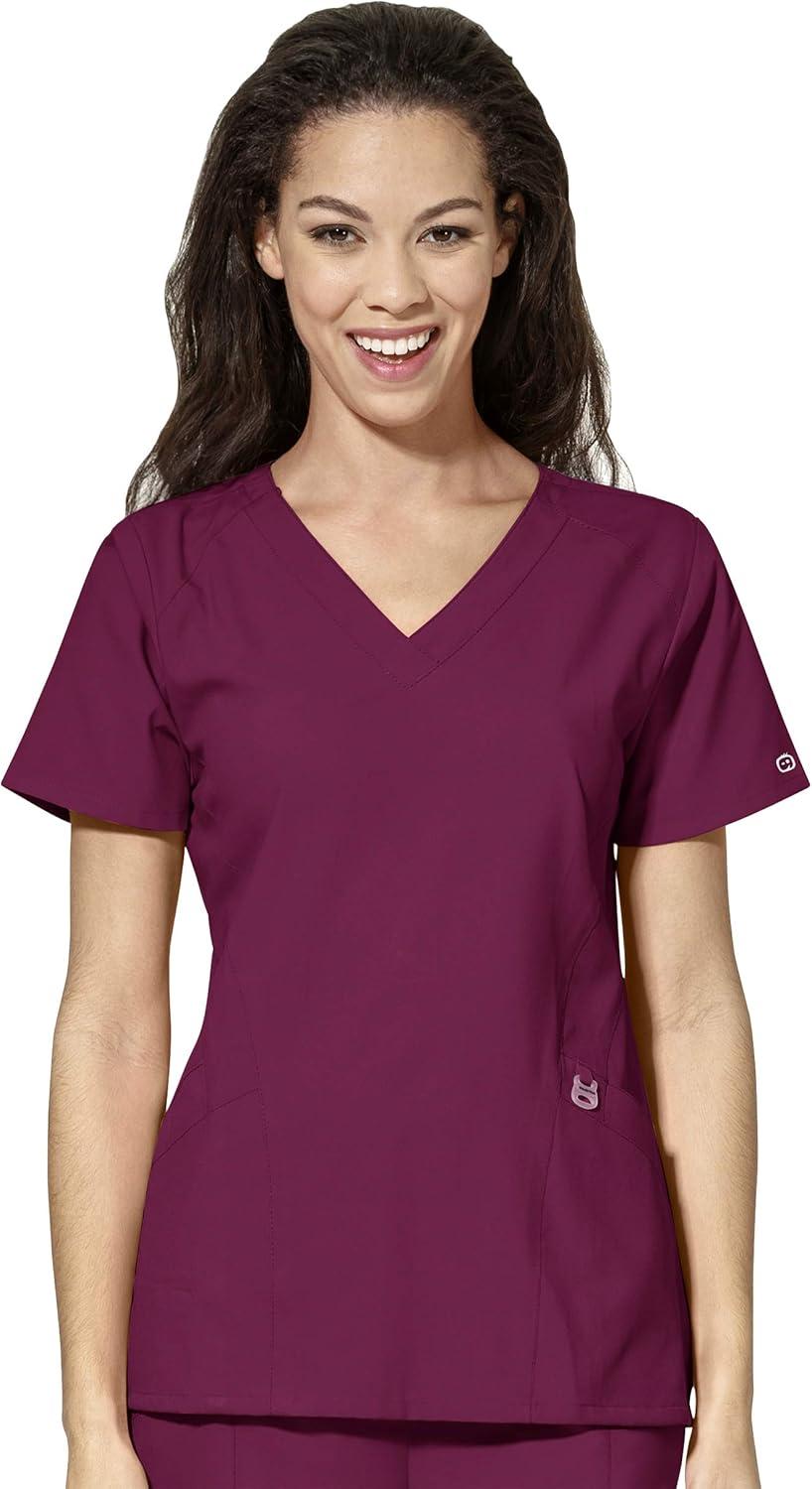 WonderWink W123 Women’s Stylized V-neck Top & Flat Front Double Cargo Pant Scrub Set + Badge Reel(Wine)