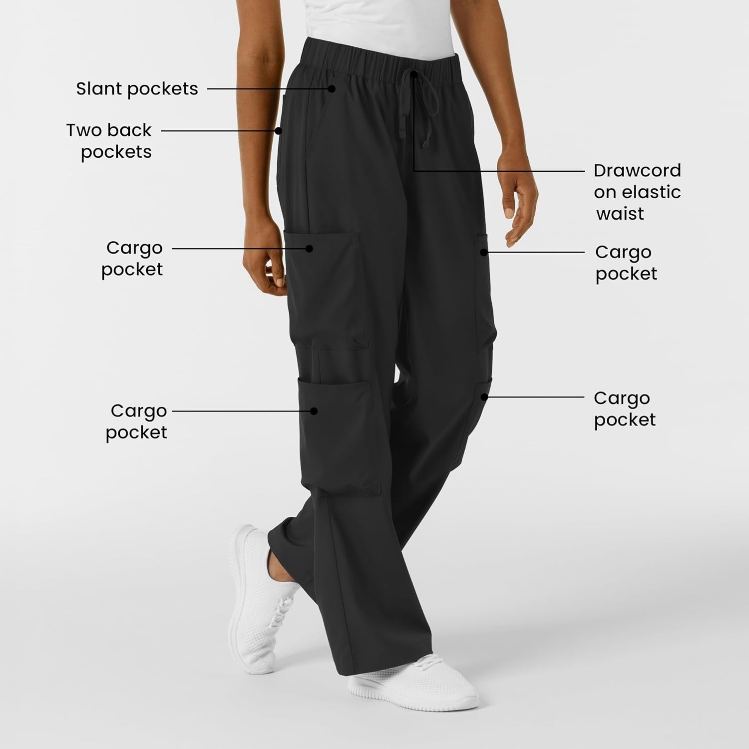 Wink Scrubs for Women, Boundless, Classic Wide Leg Cargo Pants with Full Drawstring and 8 Pockets(Black)