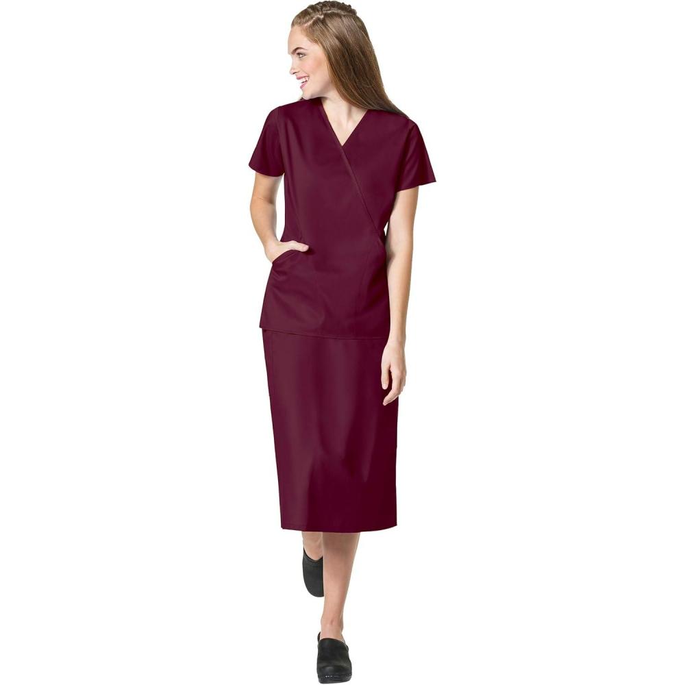 WonderWink Work Women’s Wrap Top & Scrub Skirt Set + Badge Reel(Wine)