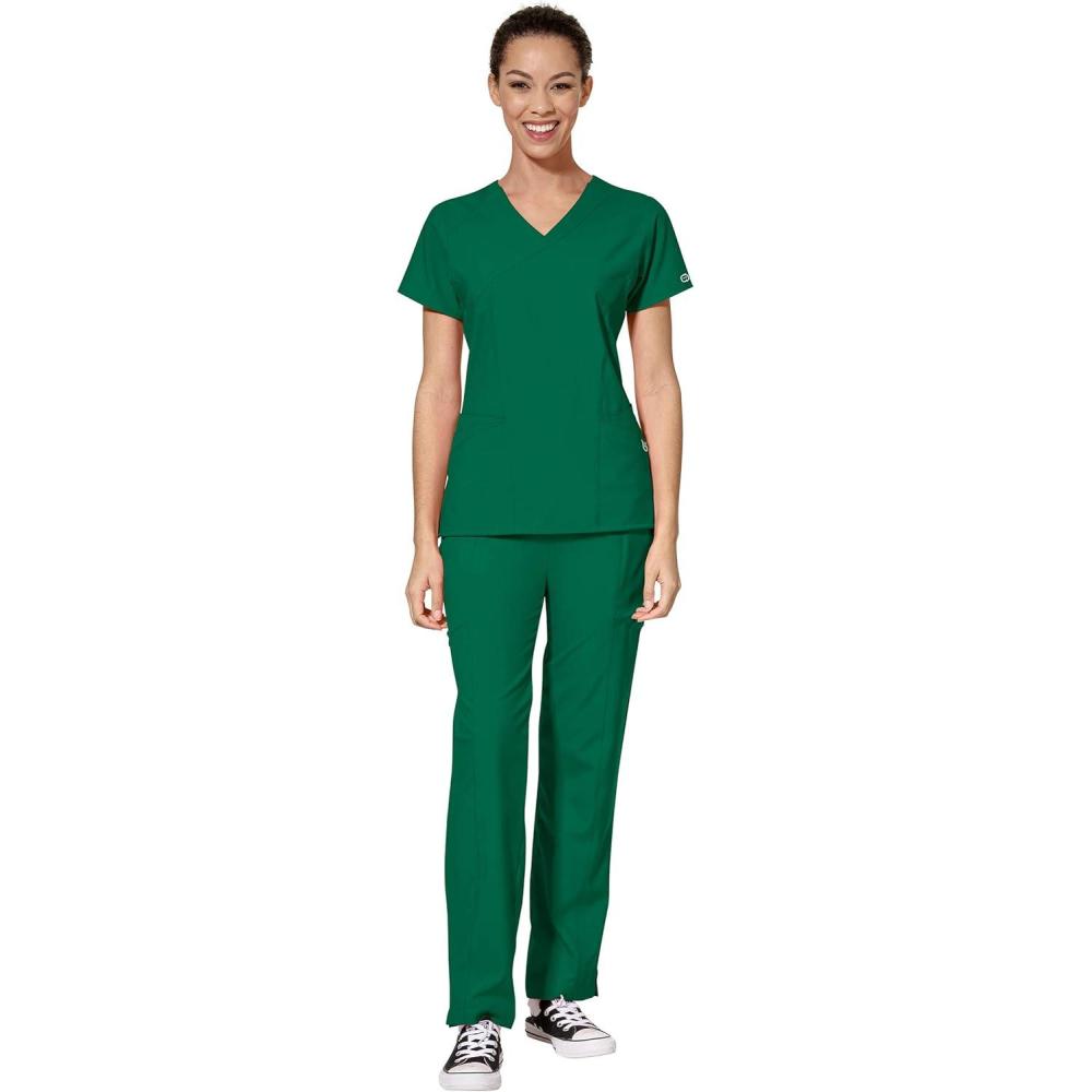 WonderWink W123 Women’s Mock Wrap Top & Flat Front Double Cargo Pant Scrub Set + Badge Reel(Hunter)
