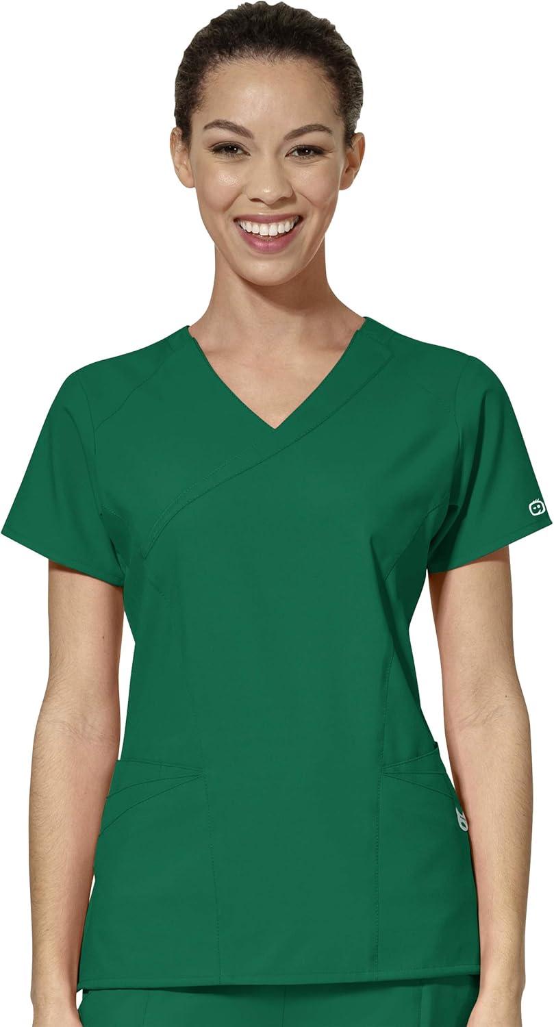WonderWink W123 Women’s Mock Wrap Top & Flat Front Double Cargo Pant Scrub Set + Badge Reel(Hunter)