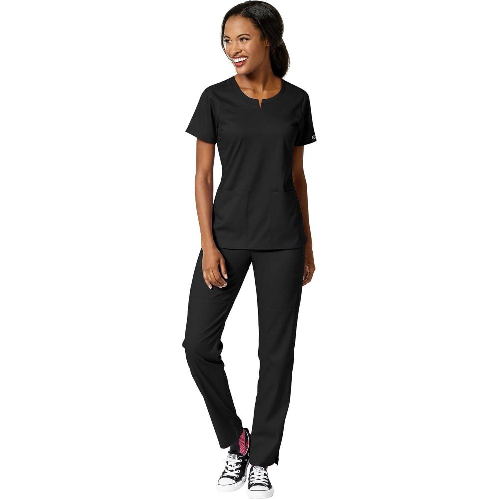 WonderWink PRO Women’s 4 Pocket Notch Neck Top & Knit Waist Cargo Pant Scrub Set + Badge Reel(Black)