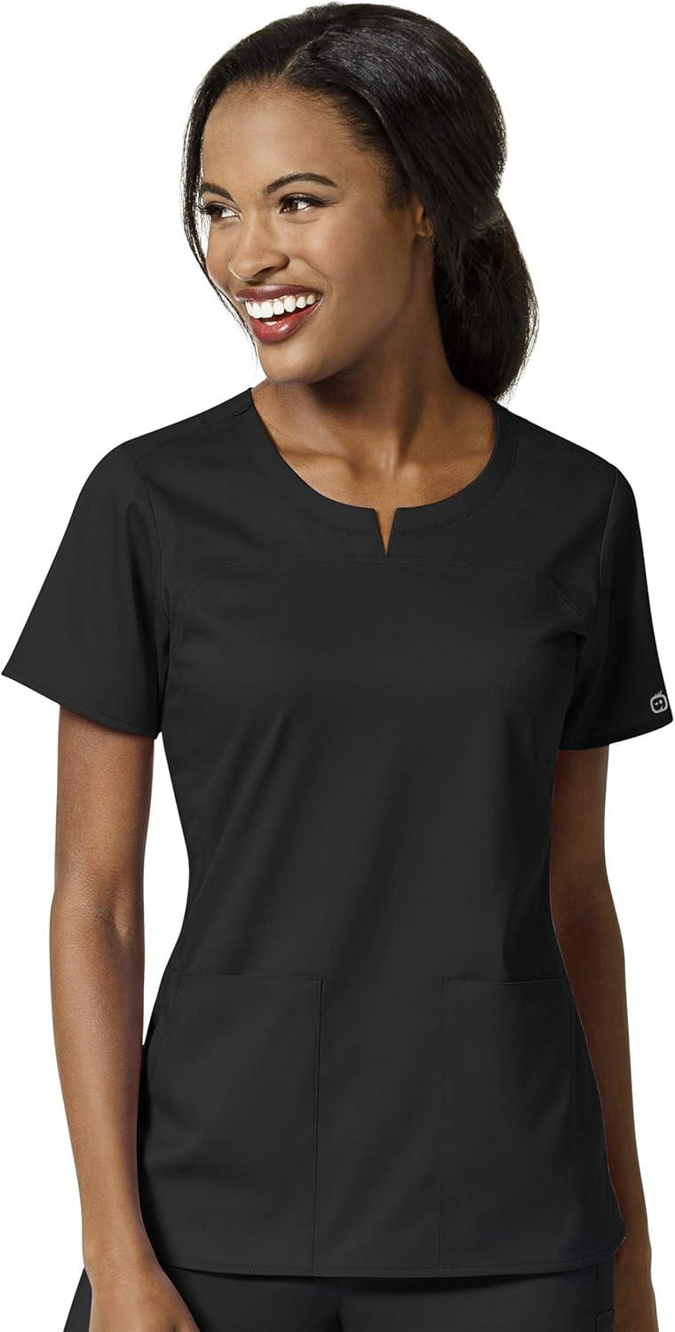 WonderWink PRO Women’s 4 Pocket Notch Neck Top & Knit Waist Cargo Pant Scrub Set + Badge Reel(Black)
