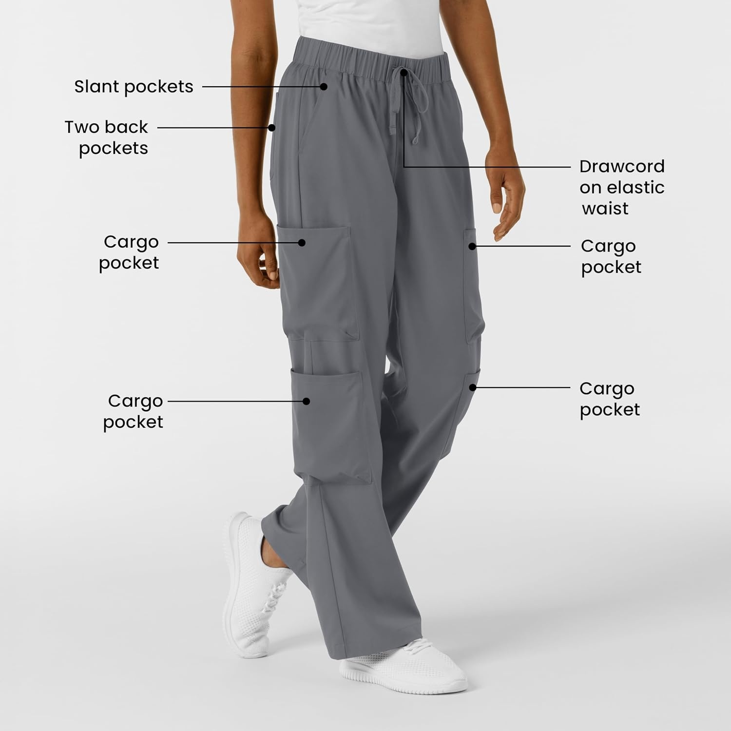 Wink Scrubs for Women, Boundless, Classic Wide Leg Cargo Pants with Full Drawstring and 8 Pockets(Pewter)