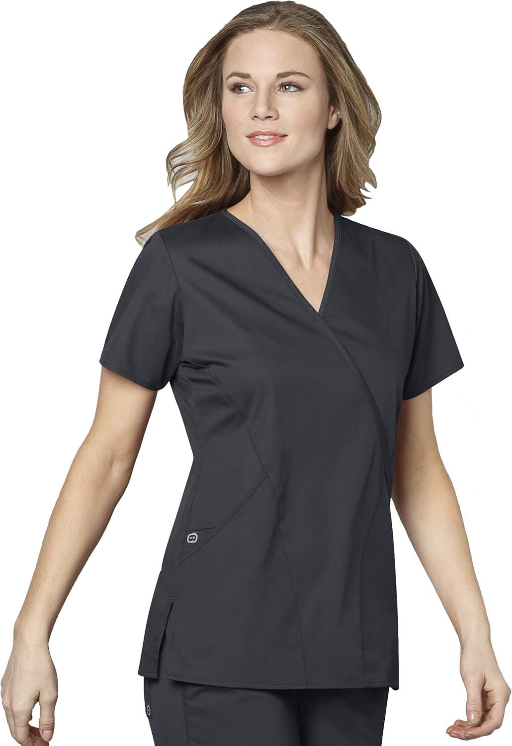 WonderWink Work Women’s Wrap Top & Scrub Skirt Set + Badge Reel(Pewter)