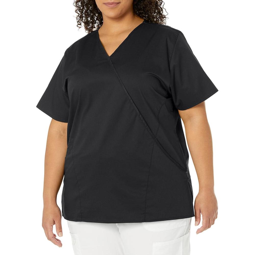 WonderWink Women’s Wonderwork Women’s Mock Wrap Scrub Top(Black)